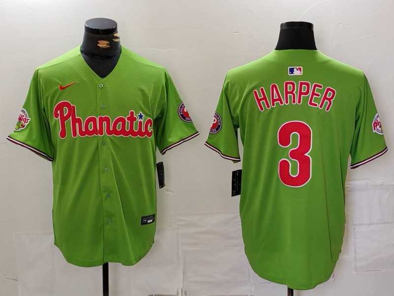 Mens Philadelphia Phillies #3 Bryce Harper Green With Patch Stitched Cool Base Nike Jersey